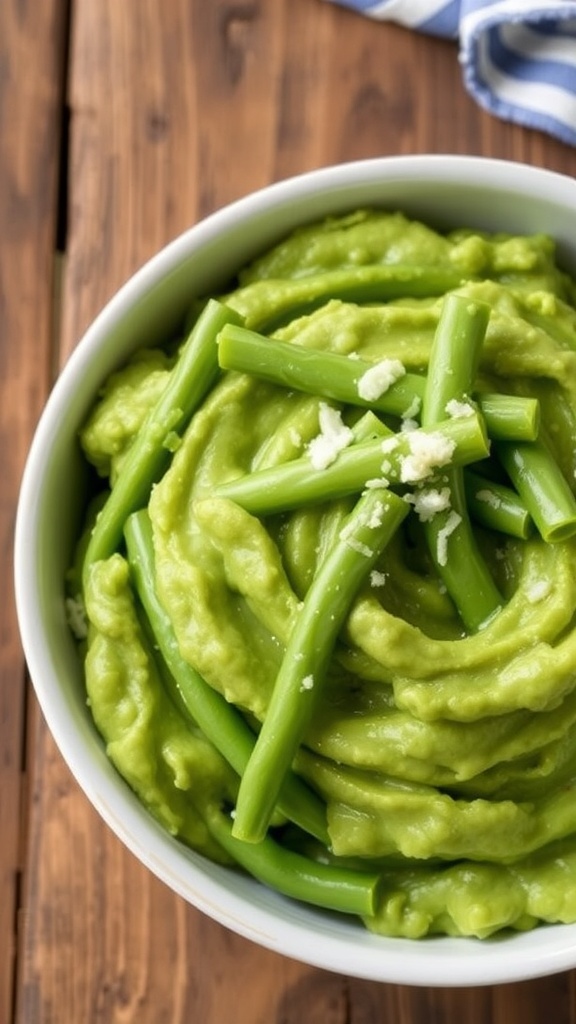 A bowl of creamy mashed green beans garnished with Parmesan cheese on a rustic table.
